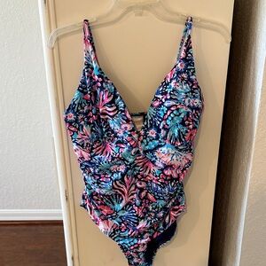Floral V-Neck One-Piece Swimsuit in Navy, Pink & Teal